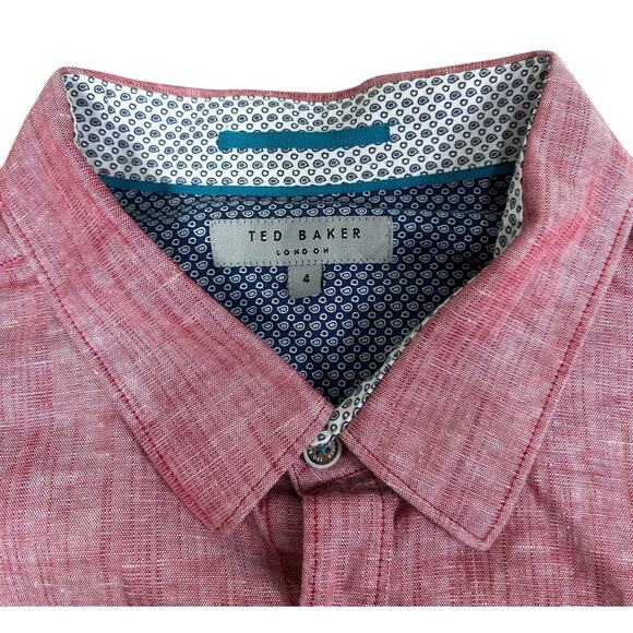 TED BAKER London Dress Shirt Men Sz 4 (Large) Red Linen Blend Long-Sleeve Pocket - Picture 3 of 7